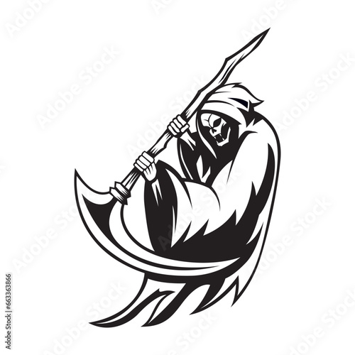 Grim Reaper with scythe . Grim death wearing black chlamydia with hood. Skeleton character for Halloween, religion symbol, tattoo design or t shirt print isolated on white background