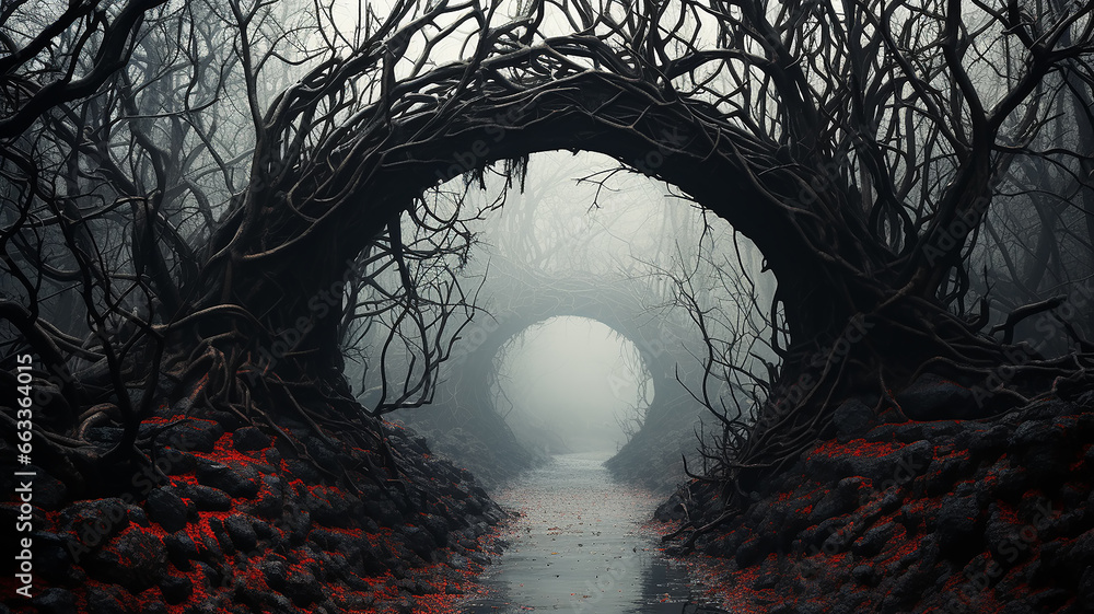 halloween gloomy dark background autumn forest of horror, round arch of branches, entrance to the foggy - obrazy, fototapety, plakaty 