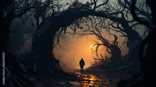 halloween gloomy dark background autumn forest of horror, round arch of branches, entrance to the foggy, small silhouette of a human figure