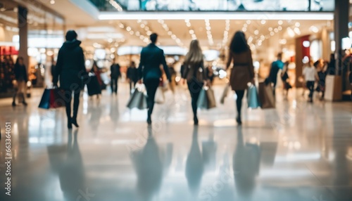 Shoppers walking at shopping center with blurred background in modern mall