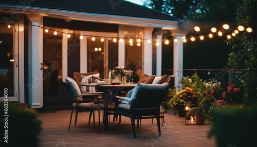Beautiful suburban house patio in summer evening with garden lights © ibreakstock
