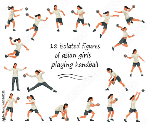 18 vector isolated Chinese or Vietnamese girls' figures of women's handball players and goalkeepers team jumping, running, standing in goal in white uniforms