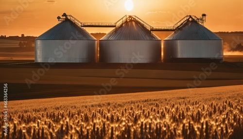 Agricultural silos for storage and drying of grains amidst beautiful sunset over wheat field in autumn