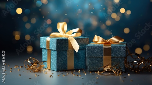 Blue and gold gift boxes on a background of golden glitter, matte photo, captivating lighting, light © steffenak