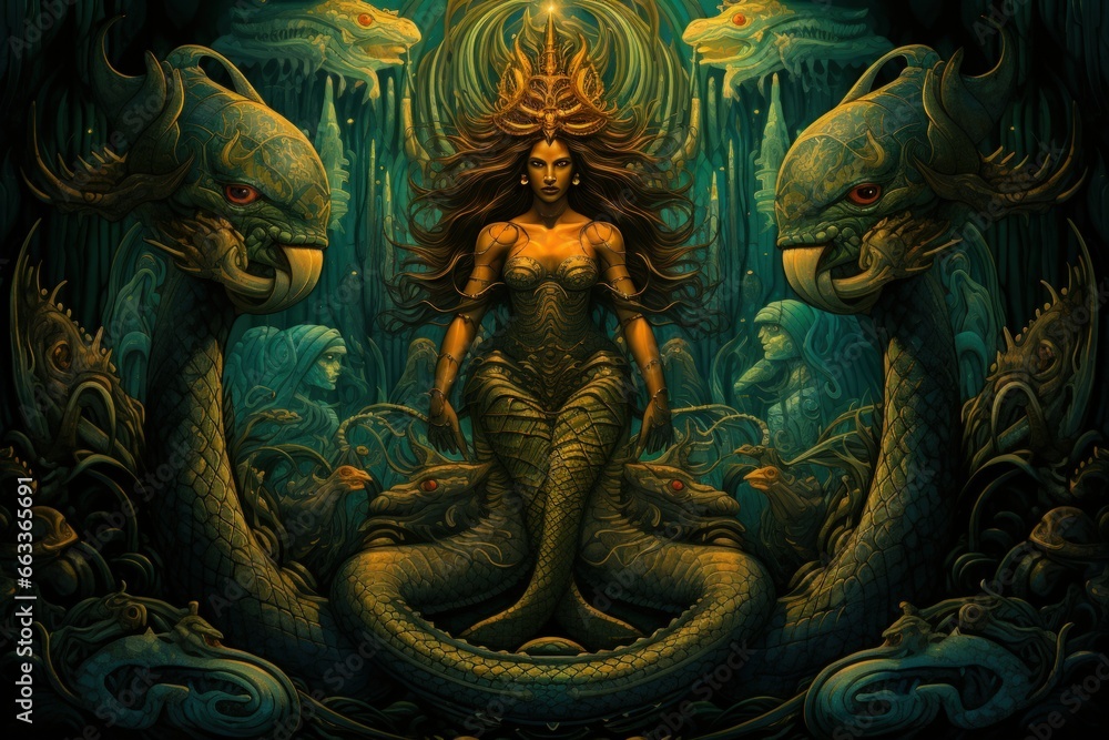 Obraz premium Ancient sea serpents, guardians of hidden treasures beneath the ocean depths - Generative AI
