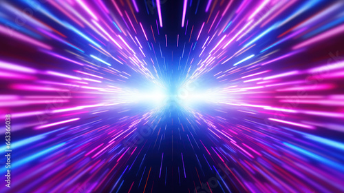 Abstract background, cyberpunk and scifi style, scattered rows of pink and blue light emanating from the centre, glowing effect, time travelling abstract beams of light. 