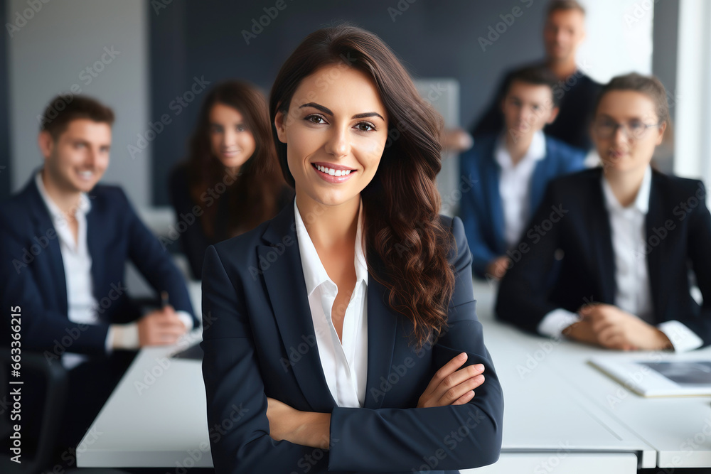 Successful business woman sitting in a boardroom, smiling at camera, with his team Successful business woman sitting in a boardroom, smiling at camera, with his team