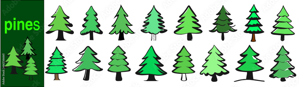 Pine icon set. Vector illustration of pine silhouette 