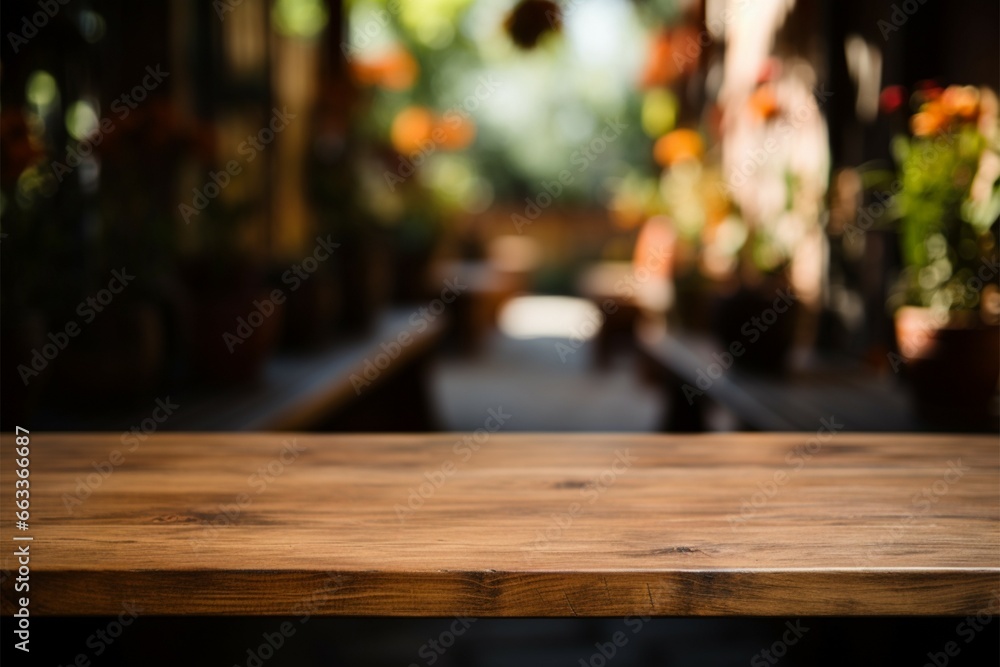 Garden blurred background complements this empty wooden table for marketing