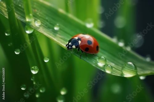 Beautiful macro of ladybug crawling on leave with water drops