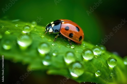 Beautiful macro of ladybug crawling on leave with water drops © SaraY Studio 