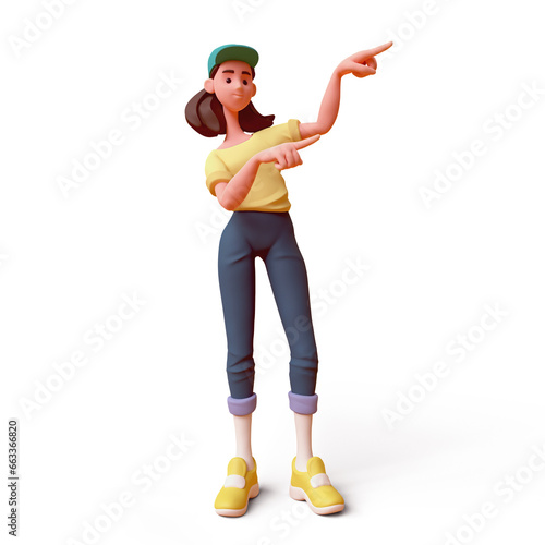 Cute kawaii positive excited smiling asian k-pop girl wears fashion casual clothes blue pants yellow t-shirt, green cap stands pointing her finger showing you way. 3d render isolated transparent. 