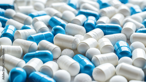 Selective focus on blue and white pill capsules spread on white background with shadow. Generative AI