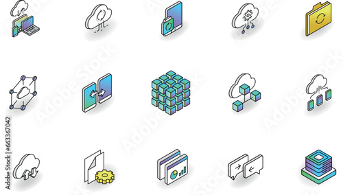 Vector Set of Linear Isometric Icons with Gradient Related to Cloud Service,  Computing, Data Transfer and Synchronization. Infographics Design elements  