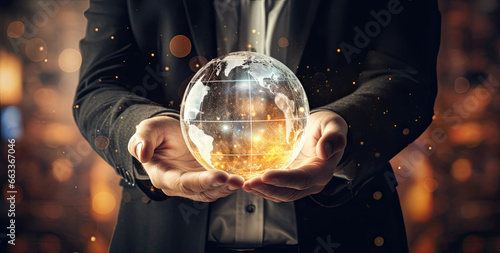 man holding a globe with lights shining in his hands, oncept businessman holding glowing globe of ether, Businessman generating wireframe business global network connection on worldwide digital market photo
