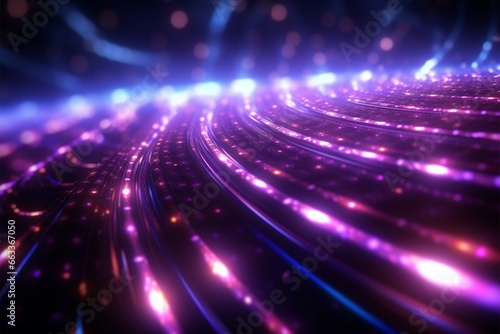 Futuristic digital energy vibrant purple  flying dots  and glowing circles