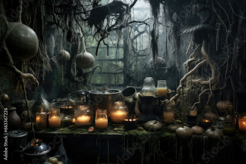Witchcraft witch interior, potion, herbs ingredients candles and magical equipment, halloween inspiration, Generative AI photo