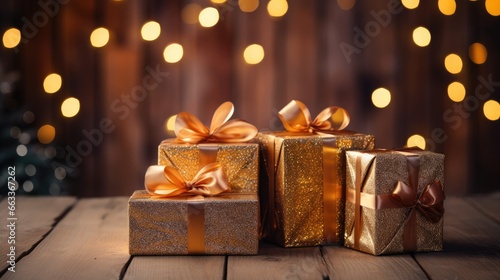 Christmas presents on wooden background with christmas lights, in the style of dark crimson and gold, luminous spheres © steffenak