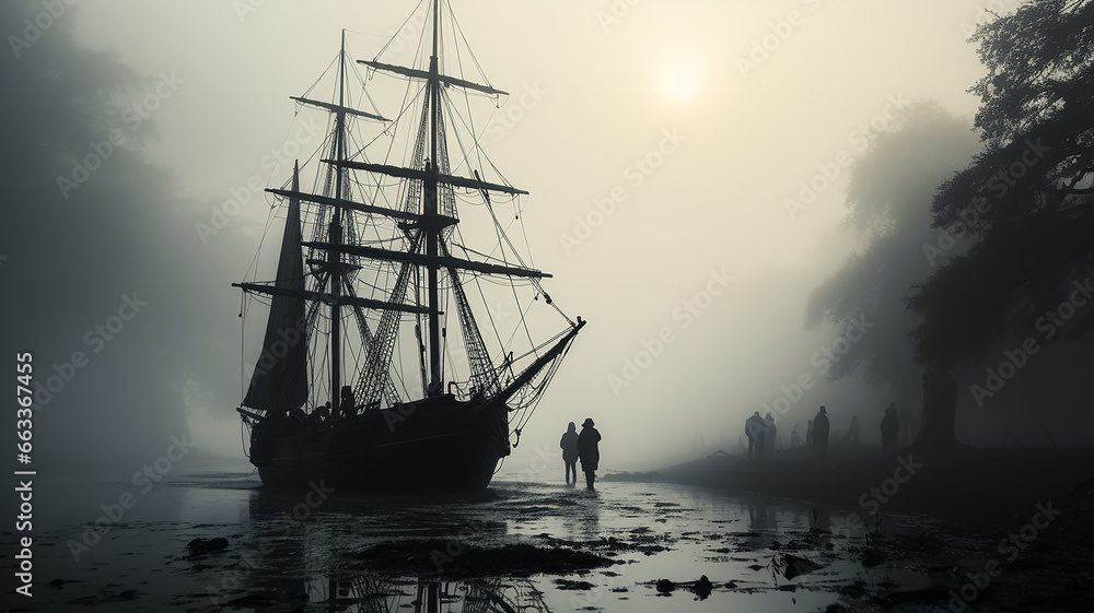 Fototapeta premium black sailboat silhouette in the fog.