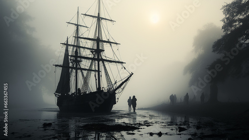 black sailboat silhouette in the fog.