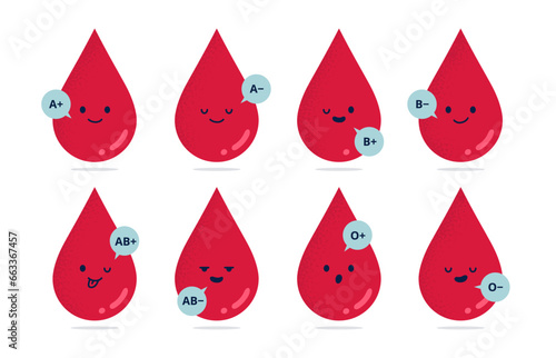 Cute drops with different blood types. Blood test and donation. Health care concept. Vector flat illustrations.