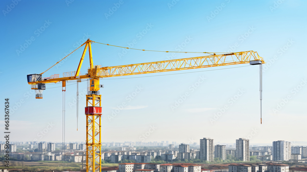 A construction site with a towering crane is set against a clear blue sky, illustrating the ongoing building activities in progress.