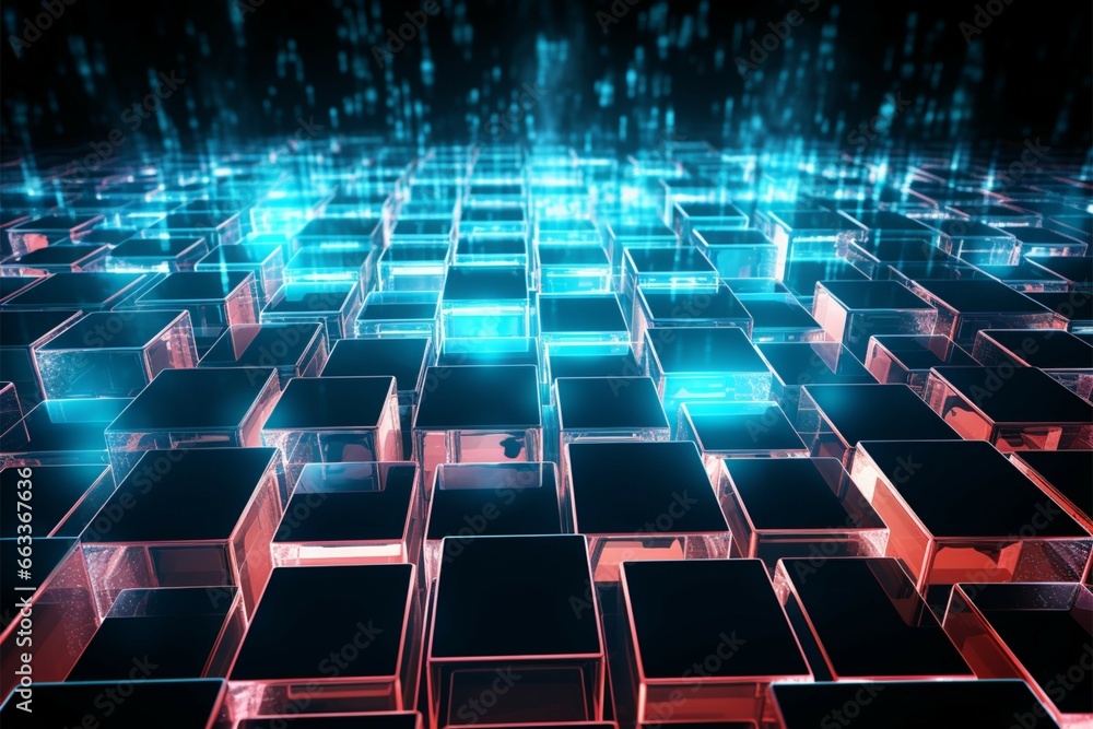 Glowing cubes of glass material come to life in a 3D render Glowing cubes of glass material come to life in a 3D render