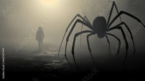 phobia fear horror, silhouette of a huge spider in a foggy forest.