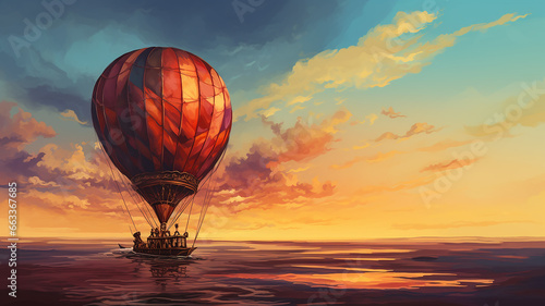 the balloon is flying against the background of the sunset sky landscape travel freedom adventure oil paints.