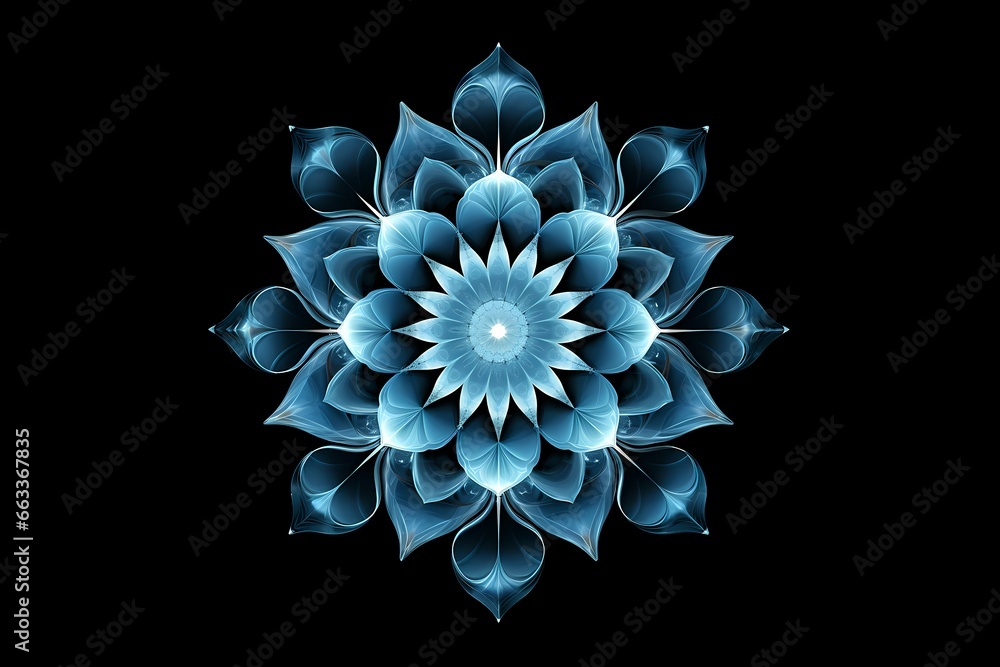Blue mandala concentric flower center kaleidoscope isolated on dark background, crystal systematic art design pattern - obrazy, fototapety, plakaty 