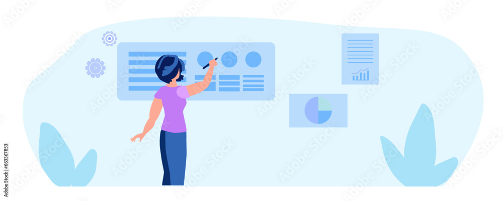 Girl building diagrams on magnetic marker board, vector illustration Girl building diagrams on magnetic marker board, vector illustration