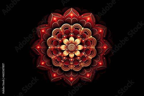 red mandala concentric flower center kaleidoscope isolated on dark background, crystal systematic art design pattern photo