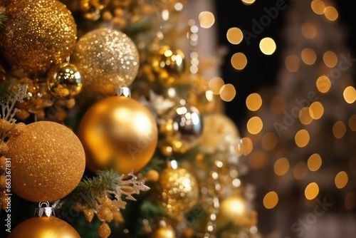 Christmas tree decorated with golden balls toys on a blurred bokeh light background,celebrating wallpaper background concept
