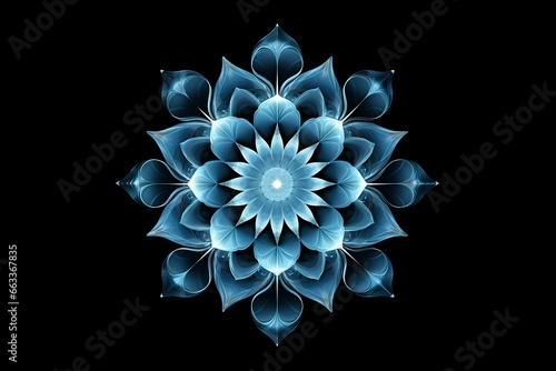 Blue mandala concentric flower center kaleidoscope isolated on dark background, crystal systematic art design pattern © JAYDESIGNZ