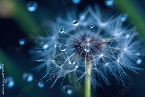 Dandelion Seeds in the drops of dew on a beautiful blurred blue background abstract art about nature wallpaper background