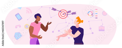 Active discussion of work process by colleagues, flat vector illustration