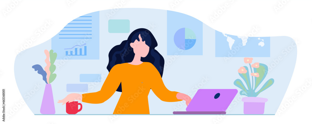 Woman in yellow clothes pulls her hand to a cup, laptop, remote work, vector Woman in yellow clothes pulls her hand to a cup, laptop, remote work, vector