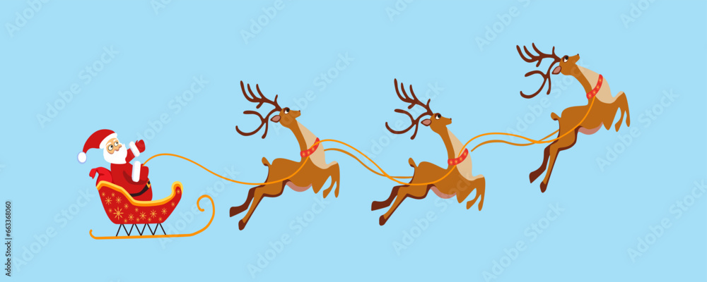 Fototapeta premium Santa Claus in a sleigh with reindeer on a blue background vector