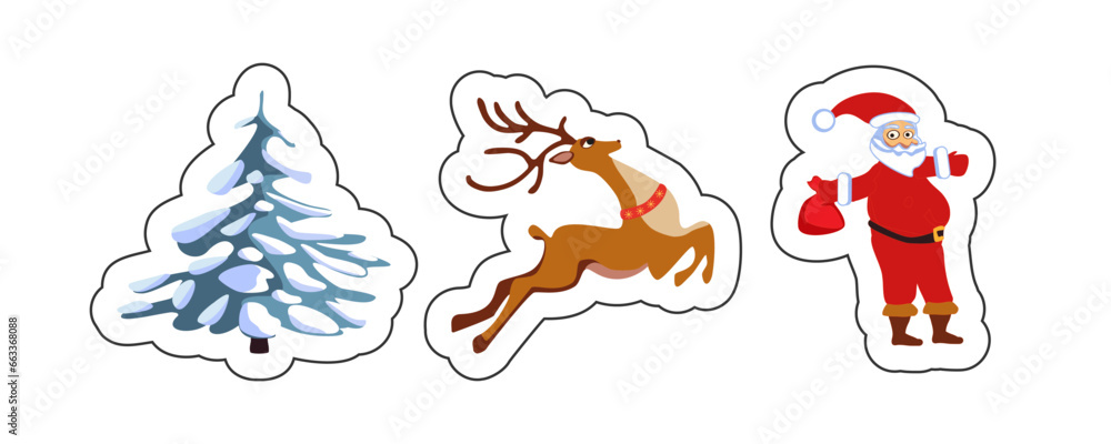 Fototapeta premium Set of Christmas tree stickers, Santa Claus, deer,