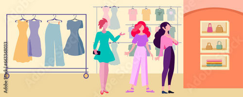 Clothes hanger, garment rack, showroom and clothing organization concep, flat vector illustration.