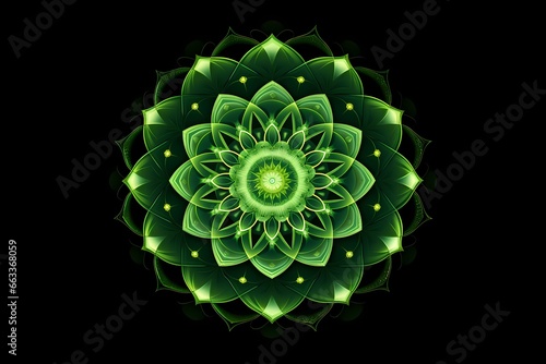 green mandala concentric flower center kaleidoscope isolated on dark background, crystal systematic art design pattern