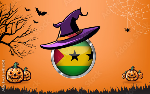 sao tome and principe round flag with Happy Halloween banner or party invitation background. bats, spiders and pumpkins, orange background