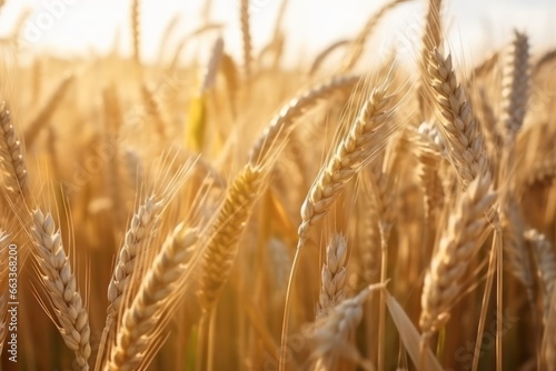 Spikes of ripe wheat in sun close-up with soft focus Earwheats wallpaper background