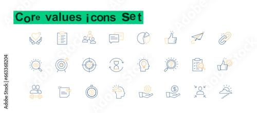 Core values line icons. Integrity, Target purpose and Strategy. Trust handshake, goal. Vector
