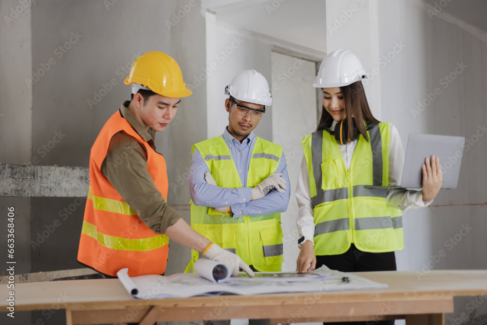 Asian engineers team working and design building project at construction in site office, Engineers meeting together to planning concept. Asian engineers team working and design building project at construction in site office, Engineers meeting together to planning concept.