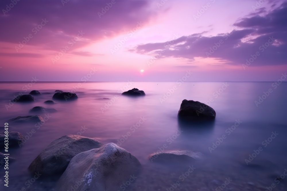 Very beautiful natural atmospheric seascape with purple sunset sky,wallpaper background of nature landscape