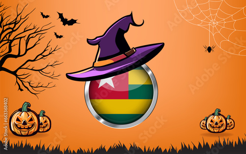 togo round flag with Happy Halloween banner or party invitation background. bats, spiders and pumpkins, orange background