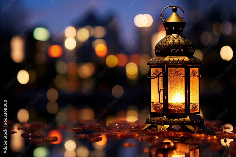 Holy months serenity Lantern and dates on a city bokeh Holy months serenity Lantern and dates on a city bokeh