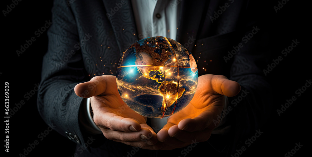 man holding a globe with lights shining in his hands, oncept ...