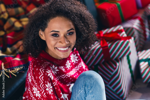 Portrait of positive lovely young person toothy smile have good mood pile stack festive giftbox house indoors